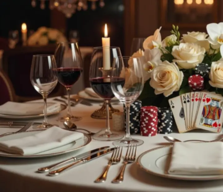 Atmosfera wieczoru w restauracji z kartami i symbolicznymi żetonami na elegancko nakrytym stole