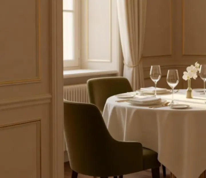 Prywatny gabinet w restauracji Wonderstar s. r. o. z kremowymi ścianami, lnianym obrusem i elegancką zastawą.