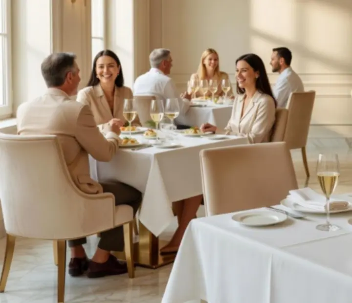 Główna sala restauracyjna Wonderstar s. r. o. z lnianymi obrusami i eleganckimi nakryciami stołów