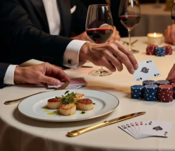 Prowadzony stół pokerowy w restauracji z symbolicznymi żetonami i kieliszkami do wina