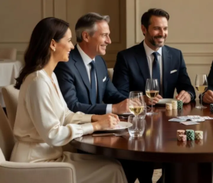 Grupa uśmiechniętych gości gra symbolicznie w pokera przy stole w restauracji