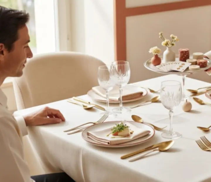 Stół degustacyjny z elegancką zastawą i dyskretnymi akcentami rozrywkowymi
