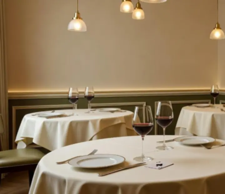 Elegancka, jasna prywatna sala restauracyjna z lnianymi obrusami i kieliszkami do wina