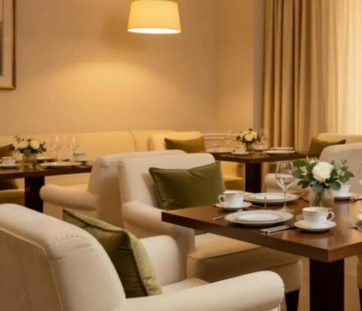 Prywatny salonik restauracyjny z miękkimi fotelami i stolikami przygotowanymi na deser
