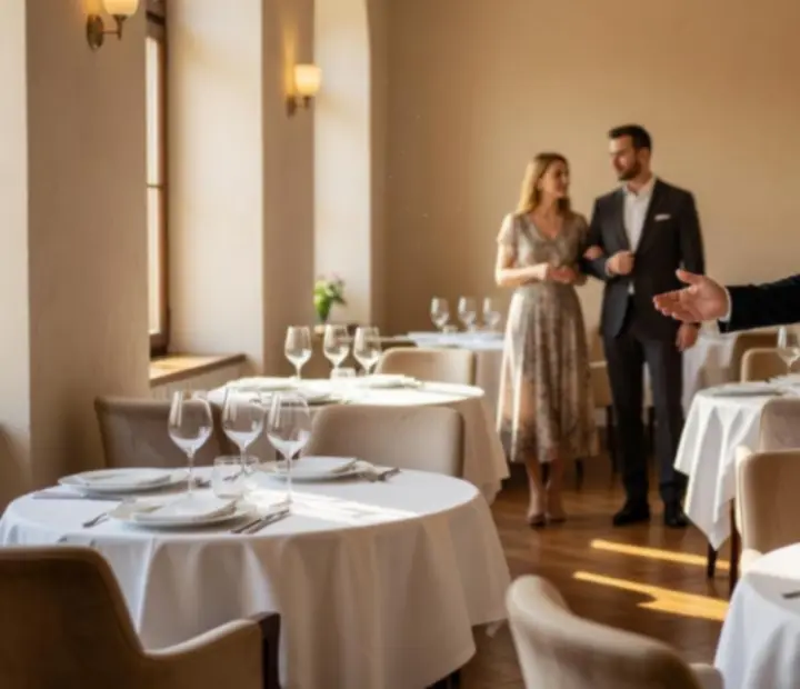 Jasna, elegancka sala Wonderstar s. r. o., w której gospodarz wita gości przy starannie nakrytych stołach
