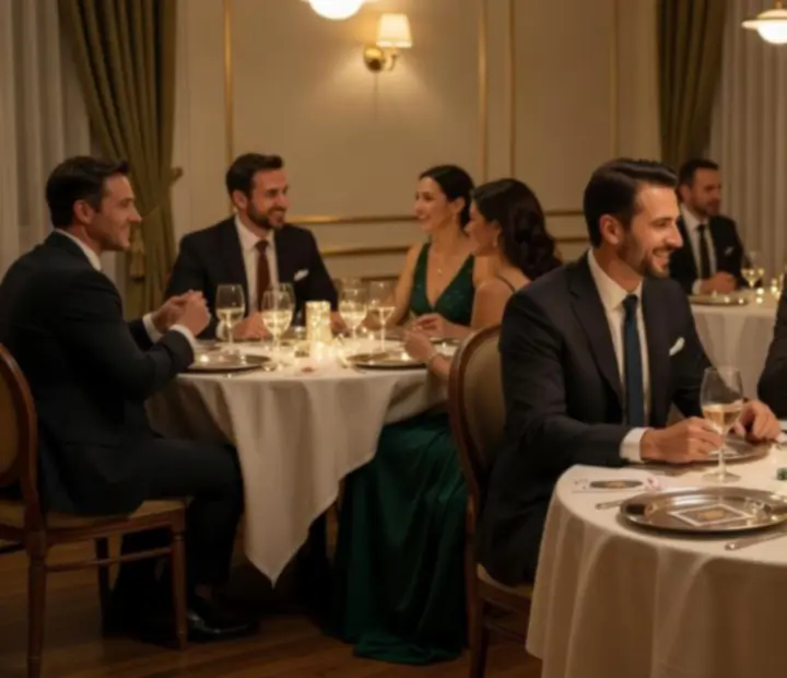 Wieczorne wydarzenie tematyczne w eleganckiej restauracji z subtelnymi dekoracjami przy stołach.
